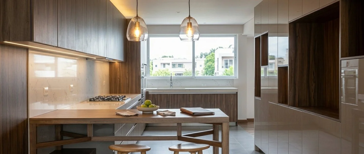 Cocina Cumbres, con frentes grises sin jaladeras, barra y mesa de madera